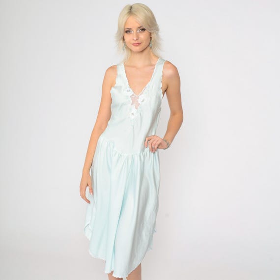 80s Embroidered Floral Nightgown Baby Blue Satin Slip Dress Midi Nightie Lingerie Vintage 1980s Mesh Lace V Neck Nightie Extra Small xs