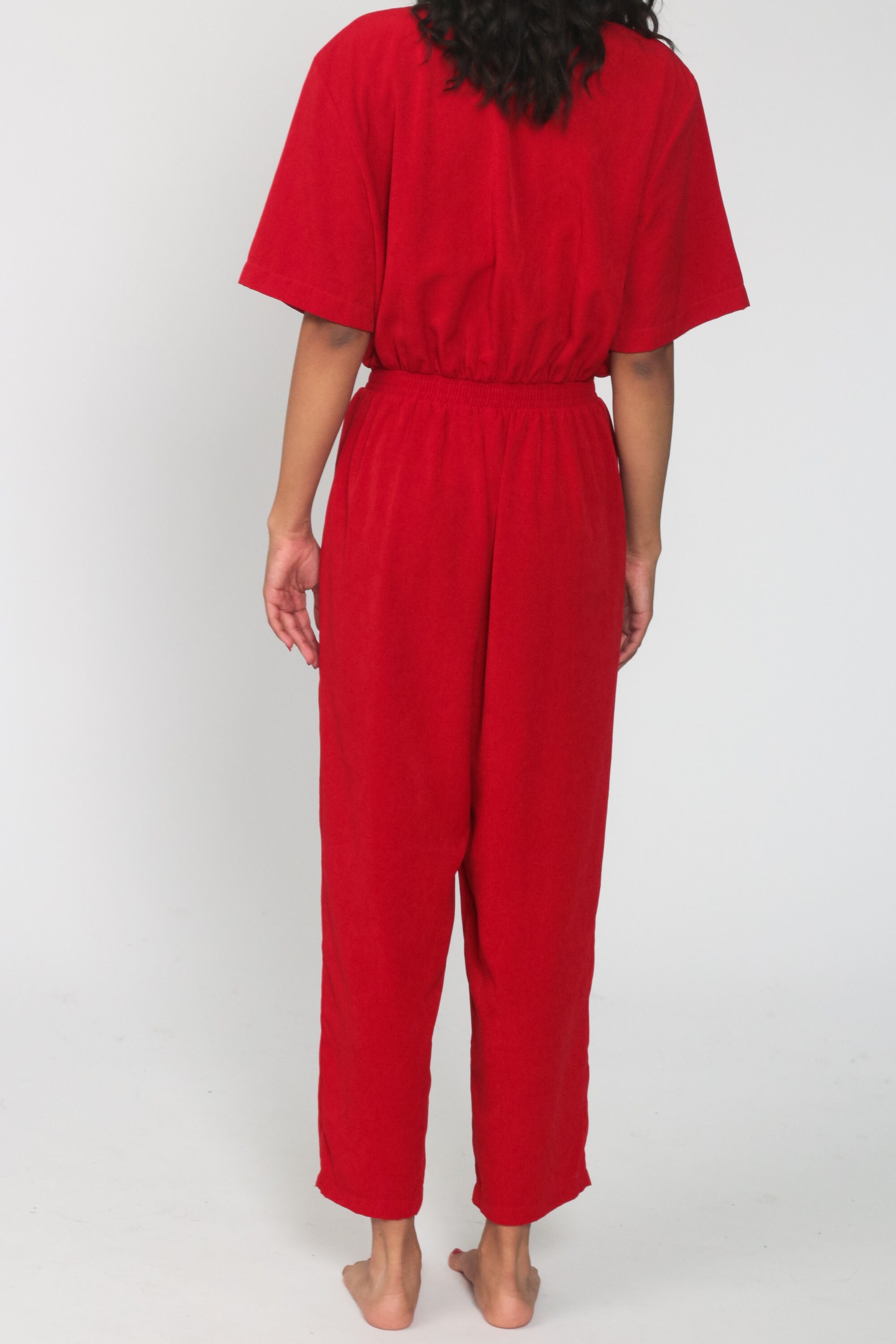 80s Jumpsuit Plain Red Red Tapered Pant Button Up High Waisted 90s Vintage Pantsuit Short Sleeve