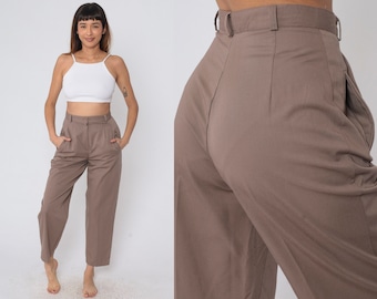 Light Cocoa Brown Trousers 80s Pleated Ankle Pants High Waisted Slim Tapered Leg Slacks Office Preppy Professional Vintage 1980s Small S 28