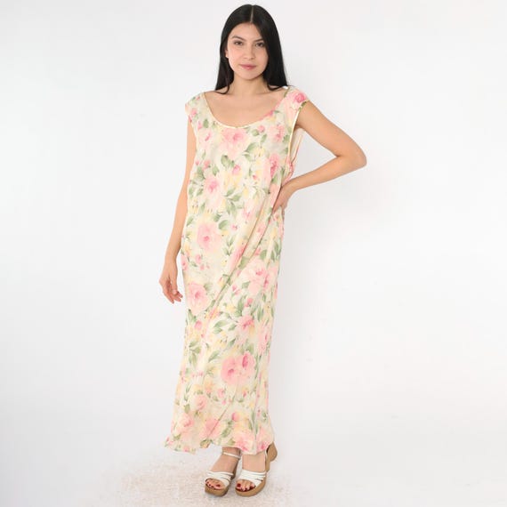 Vintage 90s Floral Chiffon Dress White Pink Maxi Sundress Long Sleeveless Sheer Pastel Overlay Straight Cut Bohemian Summer Retro 1990s 20W