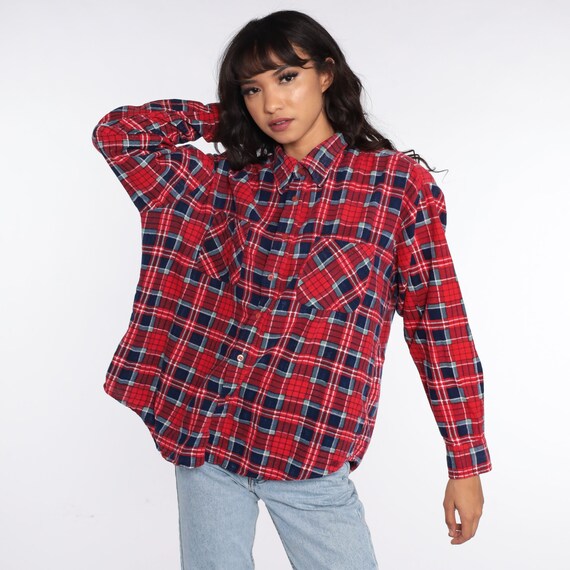 80s Plaid Shirt Red Flannel Shirt Blue Grunge But… - image 4