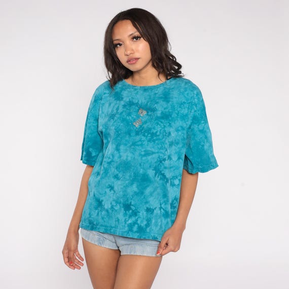 Tie Dye Butterfly Tshirt 90s Teal Turquoise Marbled Cotton Rhinestone Crystal Embellished Short Sleeve Cactus Bay Summer Vintage Large L