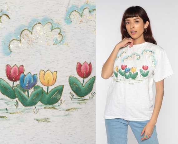 Glitter Floral T Shirt 90s Tulip Shirt Floral Tee Clouds Glittery Graphic Tshirt Short Sleeve TShirt Flower Shirt 1990s Vintage Medium M