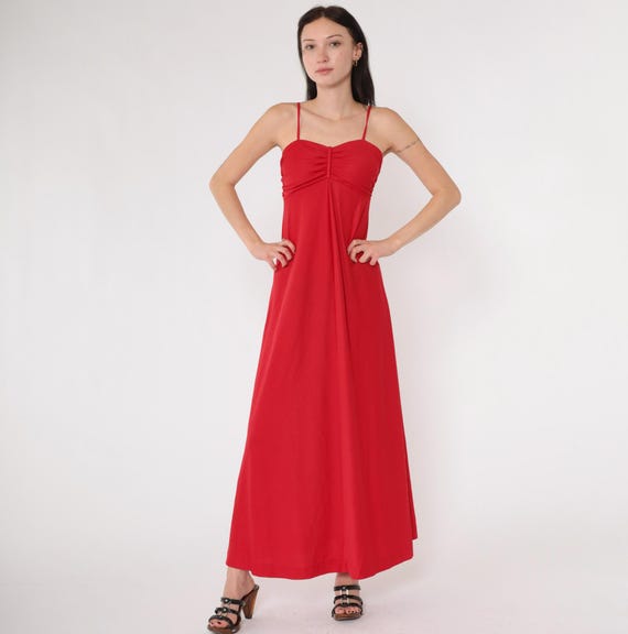 70s Grecian Dress Red 1970s Maxi Party Long Empire Waist Vintage Goddess Dress Ruched Prom Spaghetti Strap Tank Extra Small xs