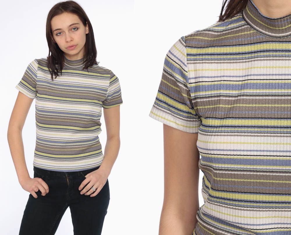 90s Ribbed Striped Blouse -- 1990s Striped T Shirt 90s T Shirt Mock Neck Grunge Short Sleeve ...