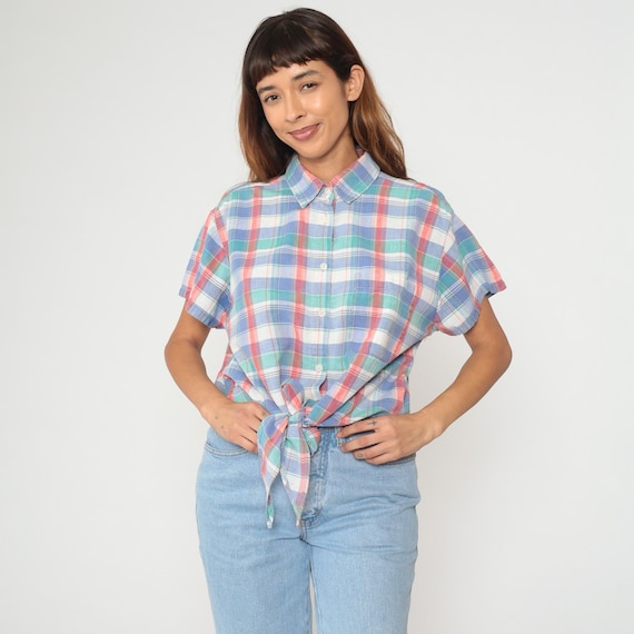 Cropped Plaid Shirt 90s Cotton Short Sleeve Blue Green Pink White Checkered Collared Blouse Vintage Preppy Summer Boxy Fit Extra Large XL