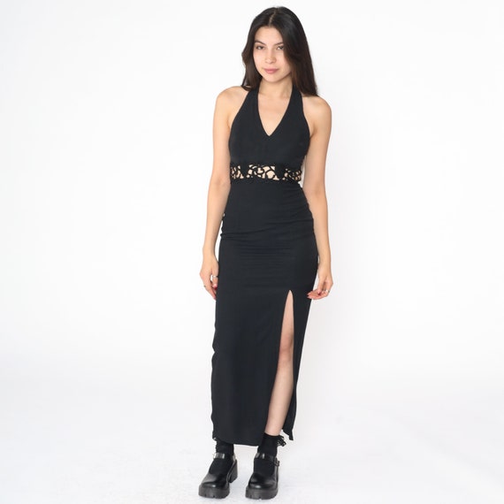 Black Party Dress 90s Jessica McClintock Halter Neck Maxi Front Slit Dress Sheath Formal Bodycon Vintage 1990s Cocktail Extra Small xs s