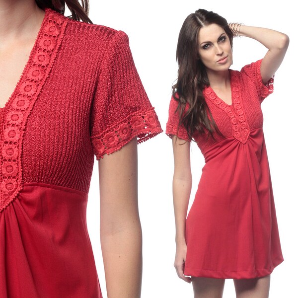 Crochet Babydoll Dress 70s Mini Empire Waist V Neck Red Knit Boho 60s Short Sleeve Vintage 1970s Baby Doll Minidress Medium Large