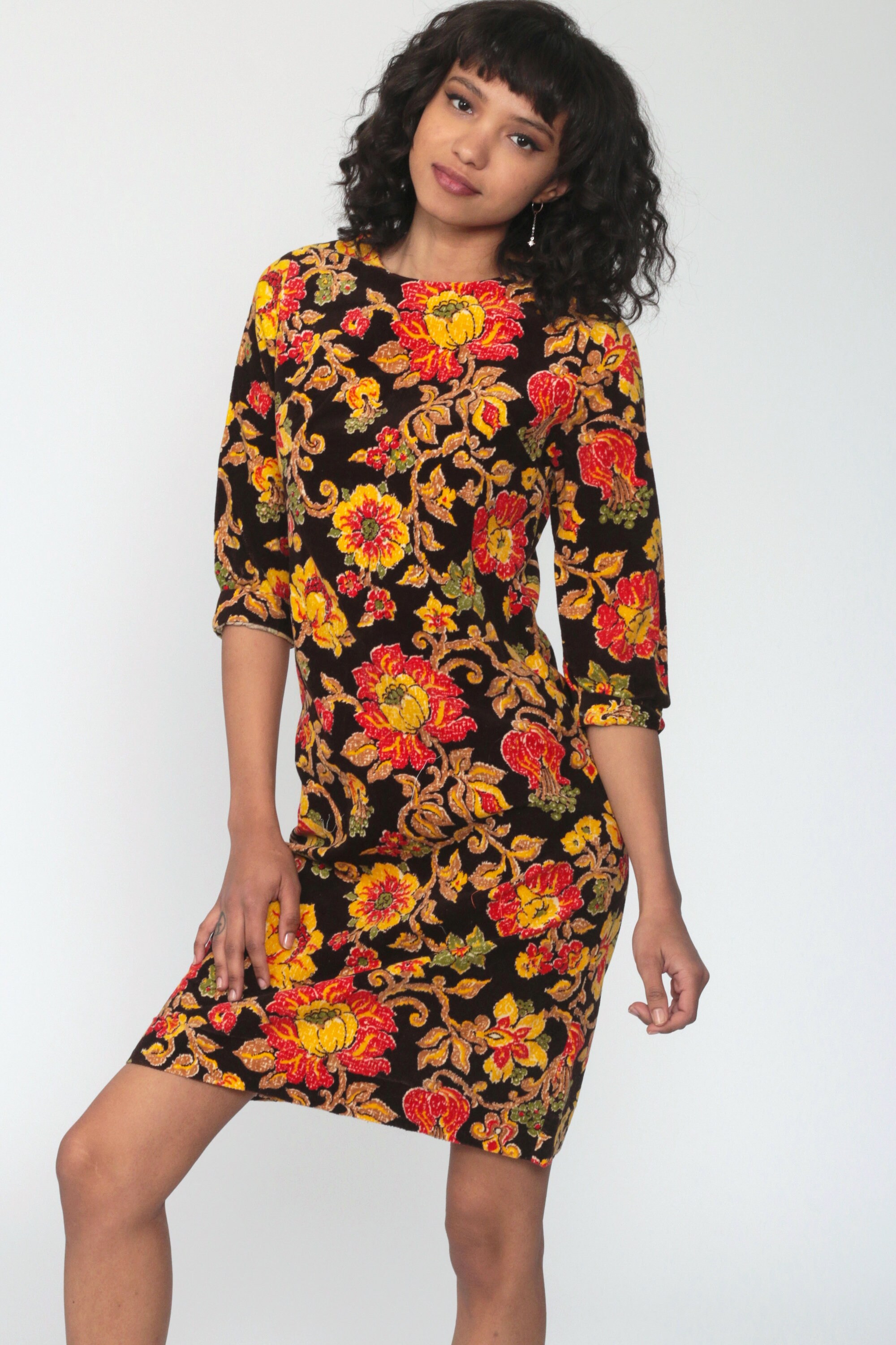 60s Mod Dress Black Floral Mini Dress Yellow Sheath Hippie Vintage Boho Sixties Minidress Shift 