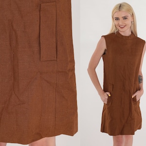Brown Shift Dress 60s Mod Mini Dress Linen Mock Neck Retro Simple Twiggy Gogo Sixties Minimalist Plain Sleeveless Chic Vintage 1960s Small S
