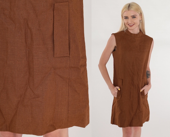 Brown Shift Dress 60s Mod Mini Dress Linen Mock Neck Retro Simple Twiggy Gogo Sixties Minimalist Plain Sleeveless Chic Vintage 1960s Small S