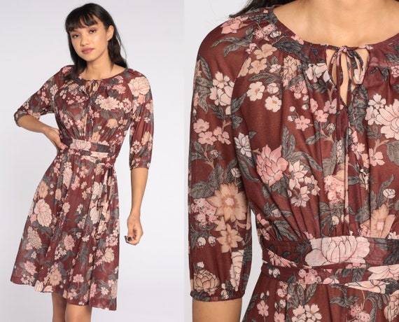 70s Floral Dress Midi Brown Pink Sheer Dress Bohemian Vintage Boho Garden Party 1970s High Waisted Dress 3/4 Sleeve Keyhole Extra Small xs