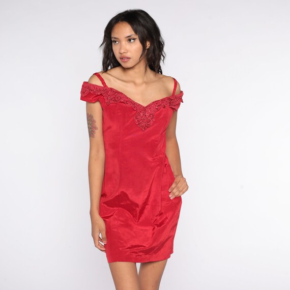 Vintage Red Party Dress 80s 90s Off Shoulder Dress Zum Zum Dress Glitter Trim Mini Bodycon Evening Sheath Body Con Cocktail Vamp Small