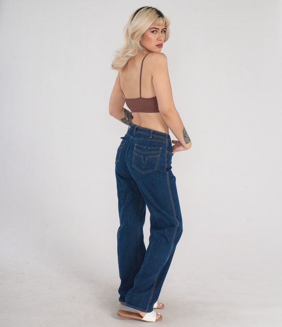 Vintage 80s Straight Leg Jeans High Waisted Jeans Retro Blue Dark Wash Denim Pants Basic Plain Streetwear Mom 1980s Medium M 29