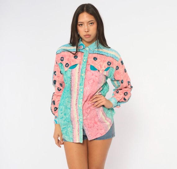 90s Western Shirt Pink Blue Abstract Print Cotton Long SleevePointed Collar Pastel Turquoise Southwestern Rodeo Cowboy Top Vintage Small S