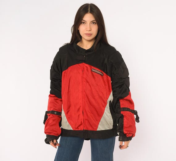 Y2K Motoboss Mesh Motorcycle Jacket Black Red Gray Color Block Moto Biker Racing Coat Sleeve Straps Padded Shoulder Unisex Plus Size 2X