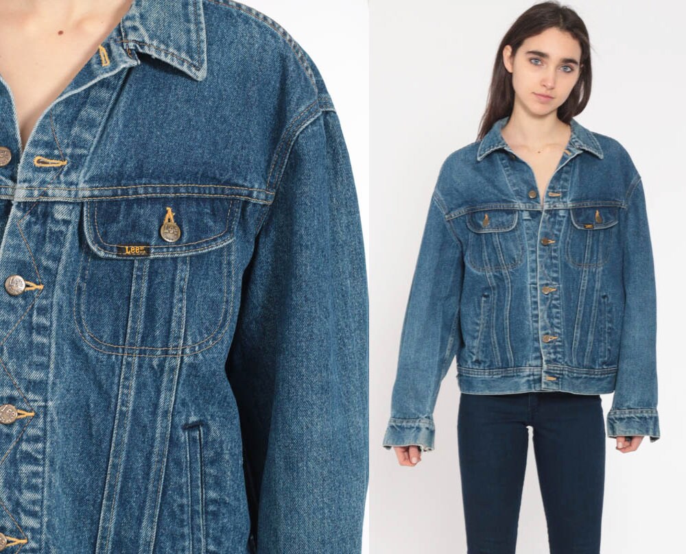 80s Denim Jacket Lee Jean Jacket Blue Denim Jacket Oversized 1980s Vintage Biker Button Up 
