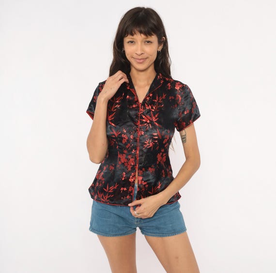 2000s Brocade Cheongsam Top Black Red Silk Cherry Blossom Bamboo Satin Blouse Mandarin Collar Frog Closure Asian Inspired Shirt Medium M