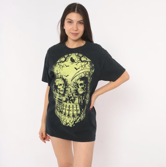 Y2K Skull Graveyard Graphic Tee Gothic Horror Skeleton Grim Reaper Bats Halloween Cotton Spooky Haunted House Dark Art Shirt Medium M