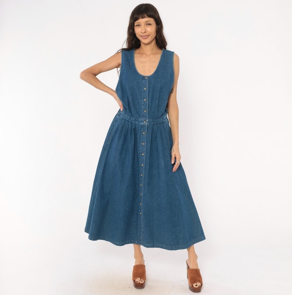 90s Denim Maxi Dress Eddie Bauer Sleeveless Button Front Prairie Jean Jumper Cotton Gathered Waist Blue Snap Closure Vintage Summer Large L