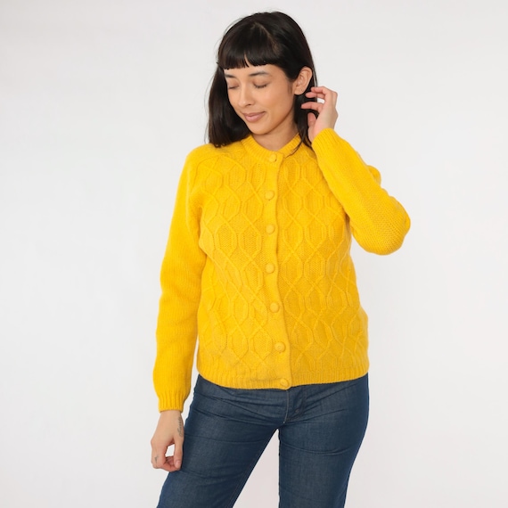 60s Yellow Wool Cardigan Vintage Cable Knit Button Up Sweater Long Sleeve Retro Bright Textured Cableknit Knitwear 1960s Small S