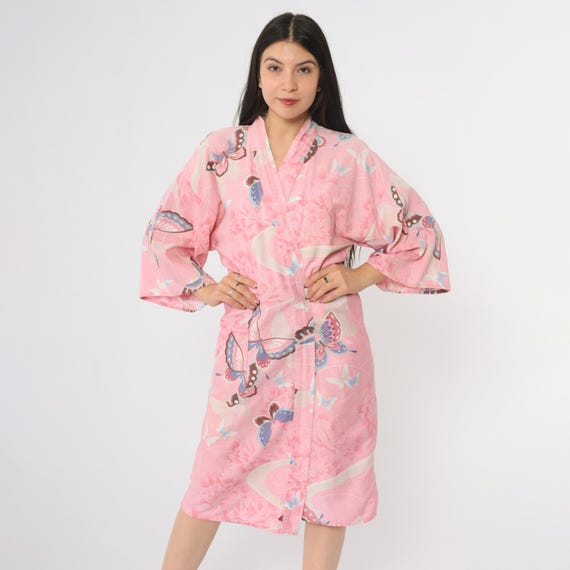 Pink Kimono 80s Butterfly Floral Print Cotton Robe Romantic Loungewear Oversized Wrap Style Belt Tie Peony Blossom Small Medium Large S M L