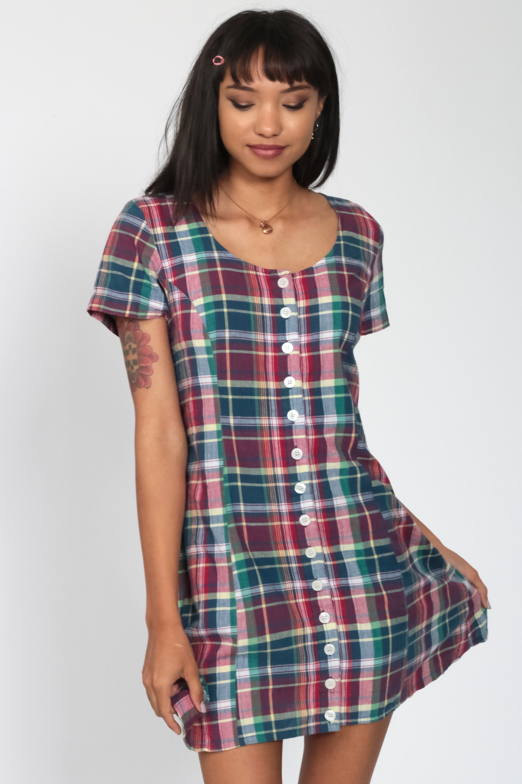 red plaid button up dress