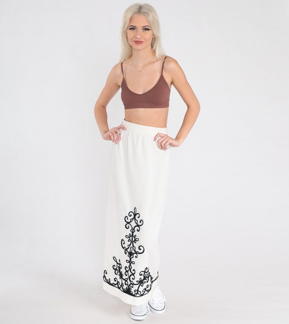 70s Maxi Skirt White Soutache Bohemian Skirt Maxi Skirt Black Psychedelic Long High Waist Hippie 1970s Boho Column Vintage Extra Small xs