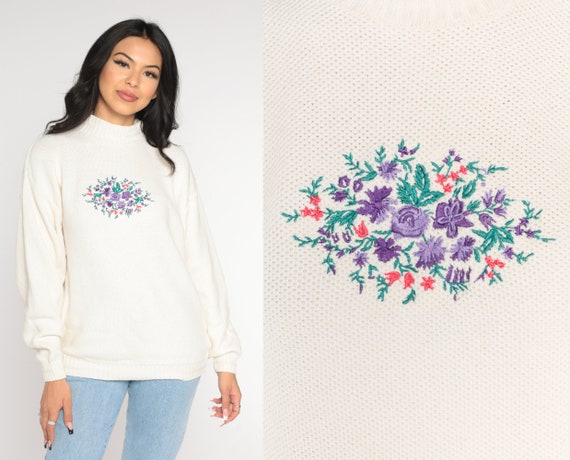 White Floral Sweater 90s Embroidered Flower Sweater Pullover Mockneck Cute Hippie Grandma Mock Neck Bohemian Vintage 1990s Cotton Large L