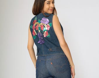 Vintage Western Denim Vest 90s Metallic Hand Painted Back Cowboy Boots Horseshoe Hat Floral Print 1990s Cowgirl Rodeo Waistcoat Small S