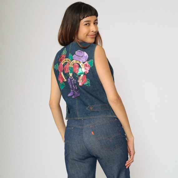 Vintage Western Denim Vest 90s Metallic Hand Painted Back Cowboy Boots Horseshoe Hat Floral Print 1990s Cowgirl Rodeo Waistcoat Small S