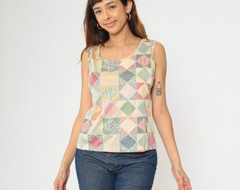 70s Patchwork Tank Top Floral Checkered Print Hippie Blouse Retro