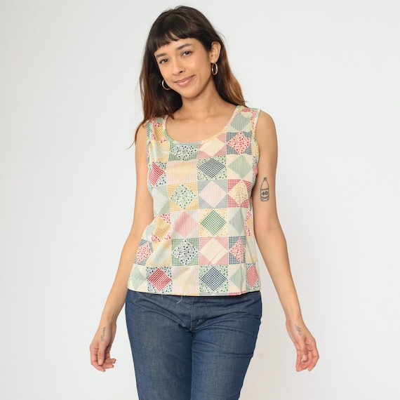 70s Patchwork Tank Top Floral Checkered Print Hippie Blouse Retro Quilt Shirt Sleeveless Bohemian Festival Vintage 1970s Medium Large