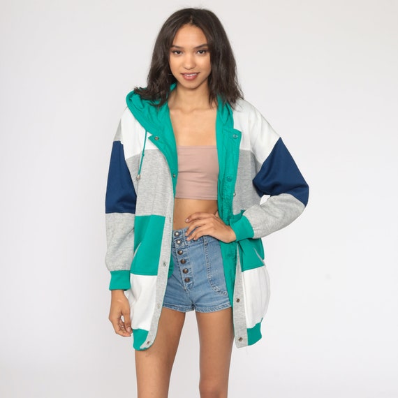 Reversible Jacket Green Hooded Windbreaker Retro 90s Color Block Grey Jacket Hoodie Jacket Nylon 1990s Vintage Small Medium Large