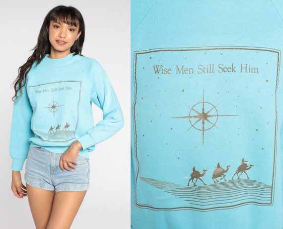 Vintage Christian Sweatshirt 80s Jesus Shirt Three Wise Men Sweatshirt Baby Blue Graphic 1980s Vintage Pullover Raglan Small S