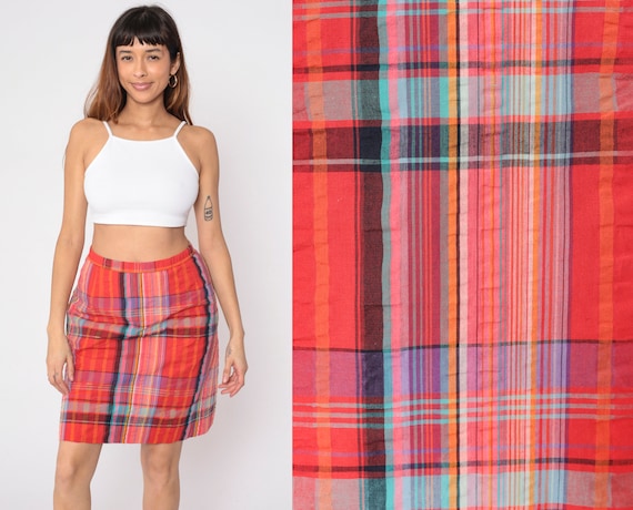 Red Plaid Skirt 80s Mini Skirt Attached Shorts Re… - image 1