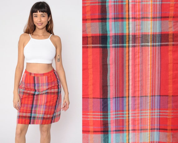 Red Plaid Skirt 80s Mini Skirt Attached Shorts Retro High Waisted Checkered Print Pencil Skirt Preppy Miniskirt Slit Vintage 1980s Medium 29