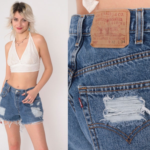 Levis Denim Cutoffs Y2k Distressed Levi 560 Cut Off Jean Shorts High Rise Ripped Cut Offs Blue Frayed Retro Shorts Vintage 00s Medium 32