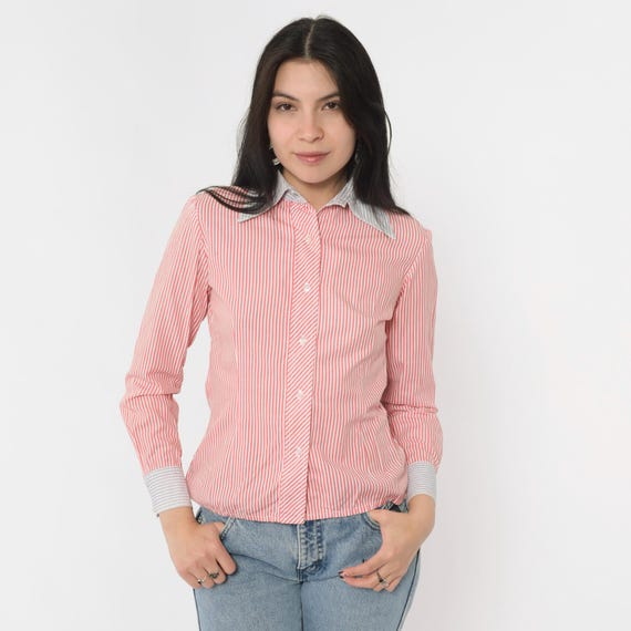 70s Striped Shirt Red White Button Up Top Retro Preppy Blouse Pointed Dagger Collar Long Sleeve  Vintage 1970s Extra Small xs