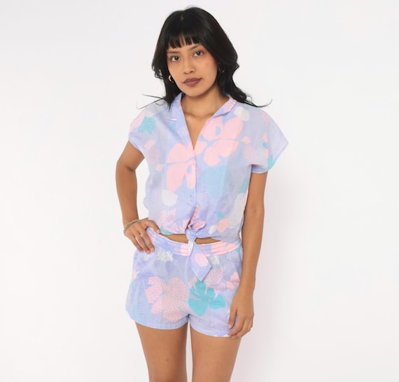 80s Hilo Hatties Romper Purple Pastel Floral Two Piece Shorts Set Cotton Short Sleeve Hawaiian Playsuit Tropical Print Vintage Small S