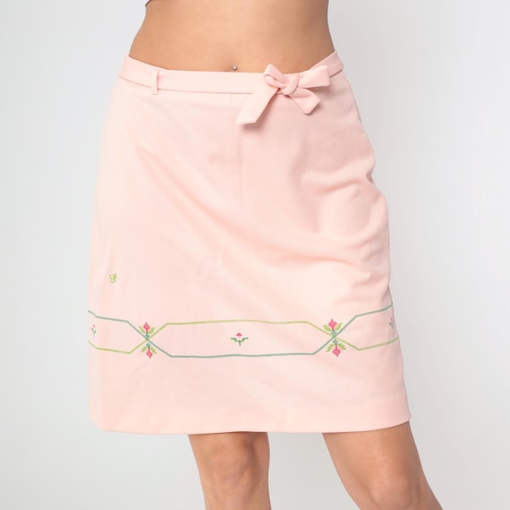 Cross Stitch Print Skirt 70s Pink Mini A Line Bow Belt Vintage Floral Print Folk Pattern Prairie Sweet Feminine Preppy Girly 10 Medium M