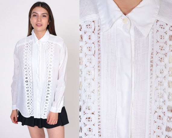 Cutout Lace Blouse 90s White Button up Shirt Boho… - image 1