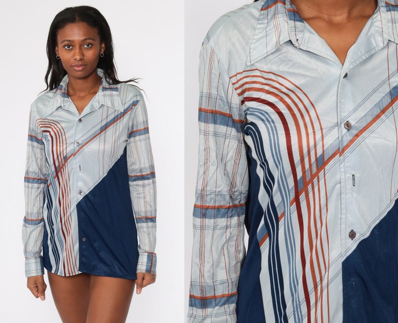 70s Boho Shirt Psychedelic Art Deco STRIPED Blouse Op Art Grey Blue Disco Top Hippie 1970s Vintage Bohemian Button Up Long Sleeve Large L image 1