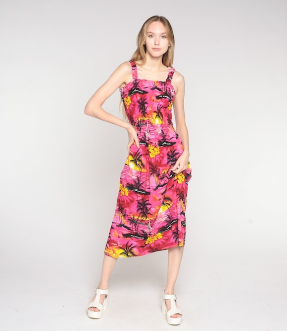 Vintage Pink Hawaiian Dress Y2K Tropical Midi Dress Summer Sundress Smocked Island Sunset Print Day Sun Bohemian Sleeveless 00s Small Medium