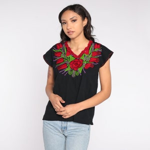 Black Embroidered Blouse Mexican Top Y2K Floral Rose Print Cotton Top Boho Hippie Shirt 00s Bohemian Vintage Tent Shirt Summer Small S image 4