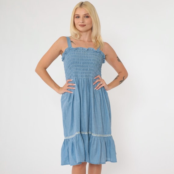 70s Chambray Sun Dress Smocked Midi Dress 1970s Boho Summer Dress High Waisted Sundress Vintage Bohemian Small S