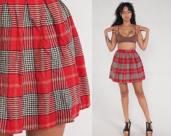 60s Mini Skirt Red Plaid Skirt Houndstooth Retro School Girl Skirt Pleated High Waist Preppy Checkered Black Vintage 1960s Extra Small xs