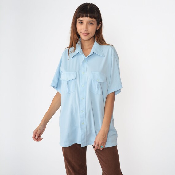 Baby Blue Button Up Shirt 70s Disco Shirt Dagger Collar Short Sleeve Top Collared Pastel Plain Retro Oxford Vintage 1970s Extra Large xl