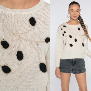 Off-White Leaf Sweater 80s Sweater Knit Graphic Sweater Tree Branch Boho Slouchy Pullover 1980s Vintage Medium