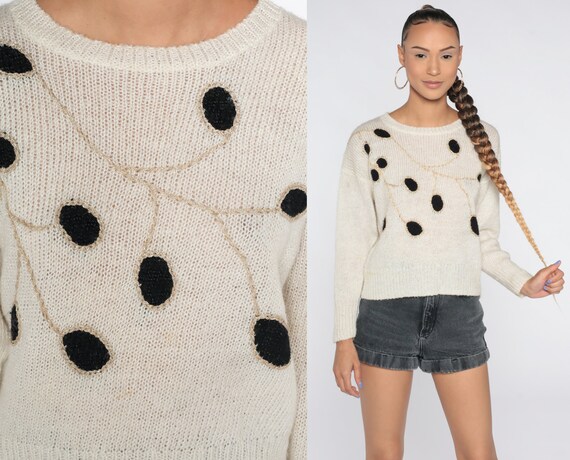 Off-White Leaf Sweater 80s Sweater Knit Graphic Sweater Tree Branch Boho Slouchy Pullover 1980s Vintage Medium